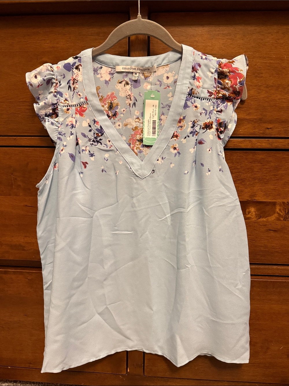 Collective Concepts Pastel Blue Floral V-Neck Flutter Sleeve Top